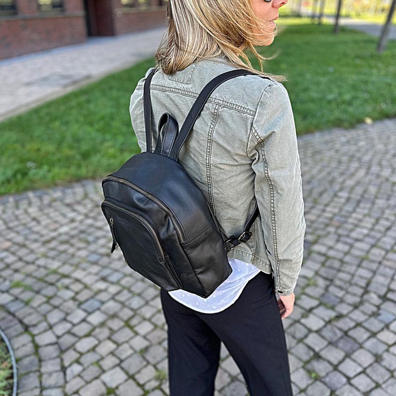 Leconi kleiner Rucksack Freizeitrucksack Lederrucksack Leder schwarz LE1011 Valentinstagsangebot