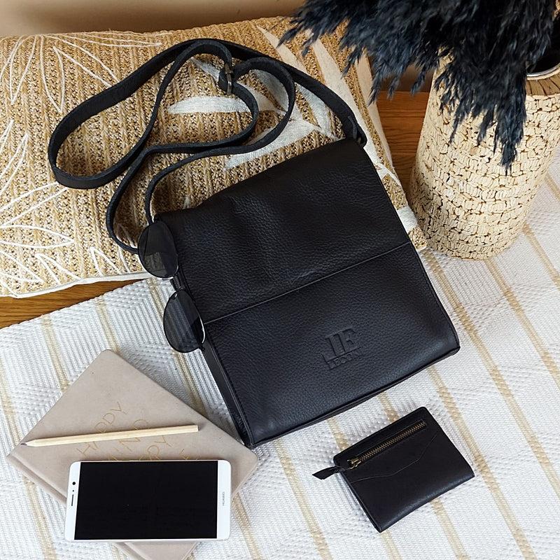 Leconi mittlere Schultertasche Umhängetasche Damentasche Leder schwarz LE3089 Tägliche Deals