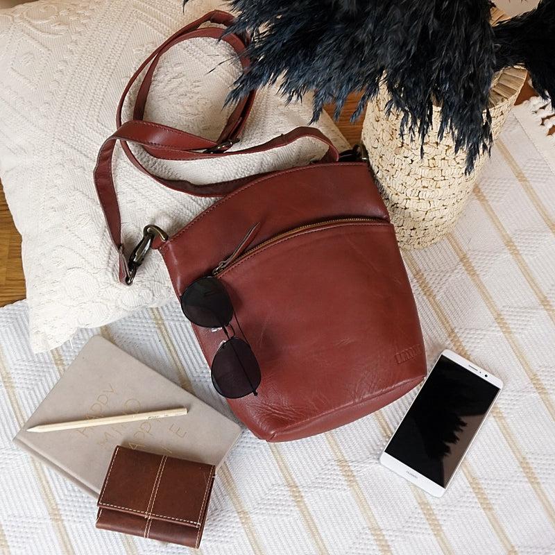 Leconi kleine Umhängetasche Schultertasche Freizeittasche Leder rotbraun LE3049 Riesige Ersparnisse