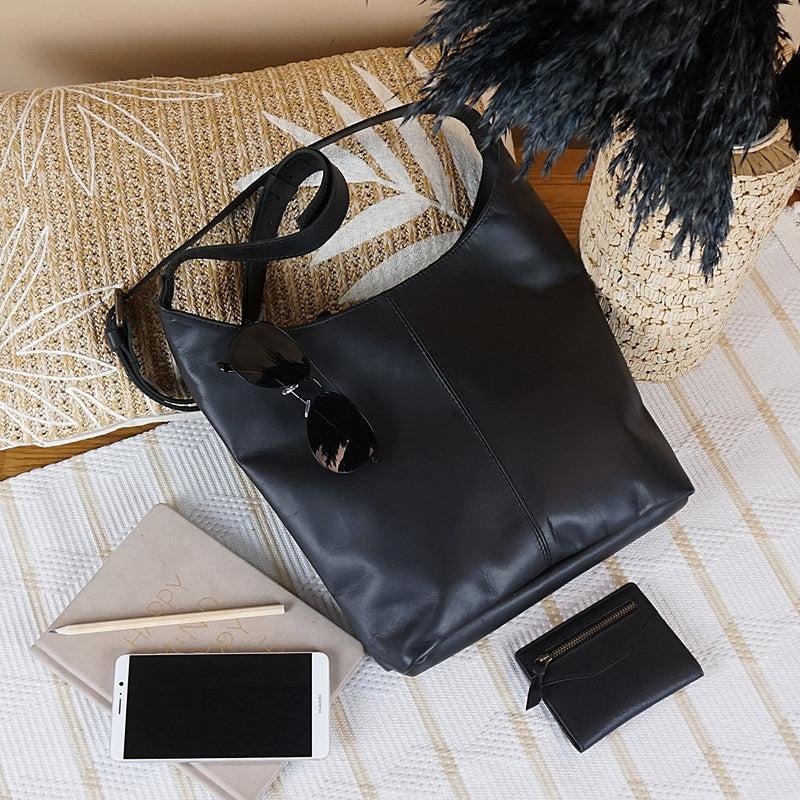 Leconi mittlere Umhängetasche Schultertasche Damentasche Leder schwarz LE0073 Nur für heute