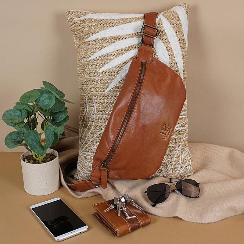 Leconi große Bauchtasche Umhängetasche Crossbody Ledertasche Leder cognac LE3087 Bis zu 55% Rabatt