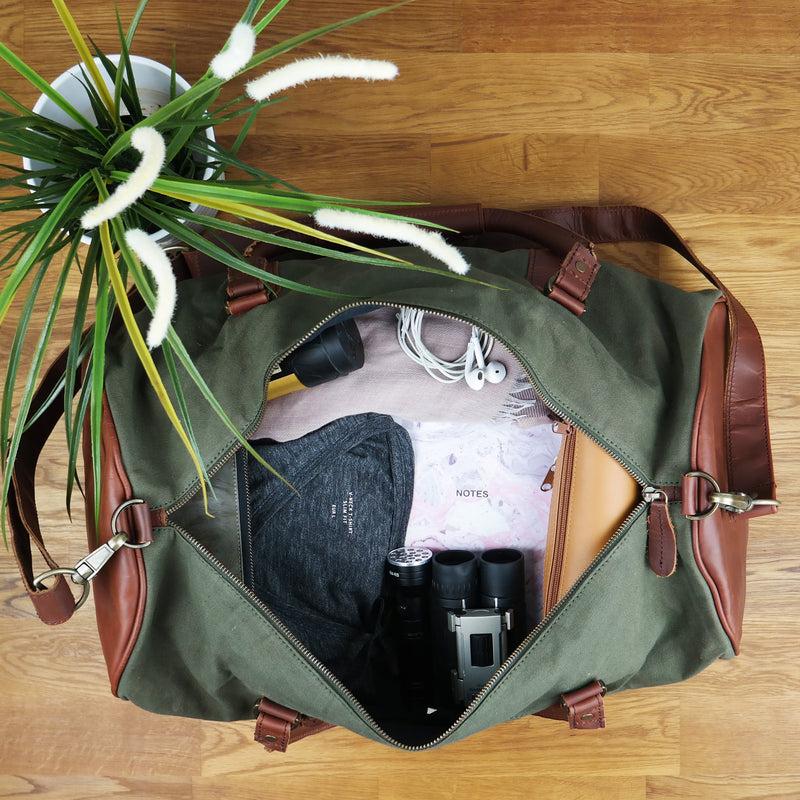 Leconi Weekender Reisetasche Sporttasche vintage Leder Canvas grün LE2004 Begrenzt auf 3 Tage