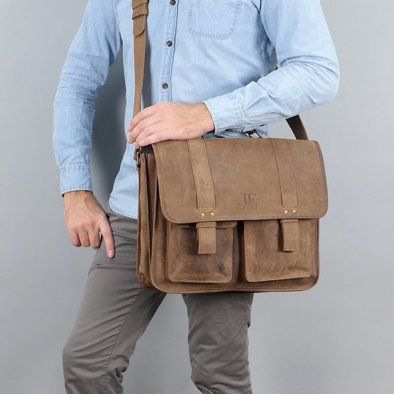 Leconi große Aktentasche Lehrertasche Businesstasche Leder vintage braun LE3030 Im Verkauf