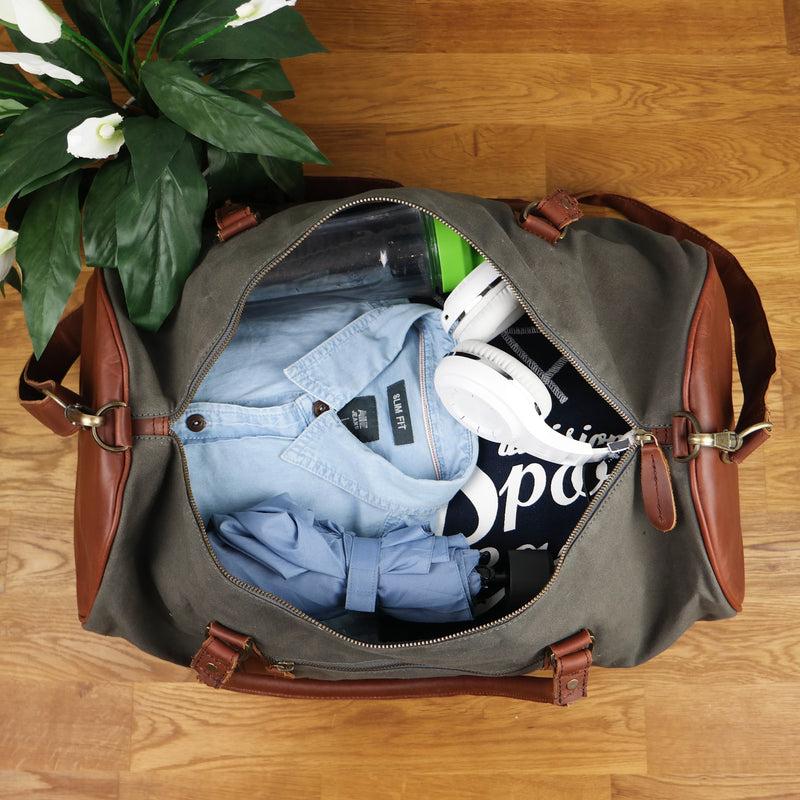 Leconi Weekender Reisetasche Sporttasche vintage Leder Canvas grau LE2004 zollfrei