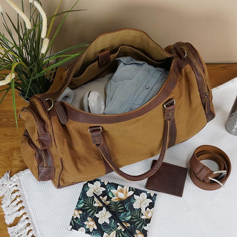 Leconi Reisetasche Weekender Sporttasche Leder Canvas cognac LE2017 Online