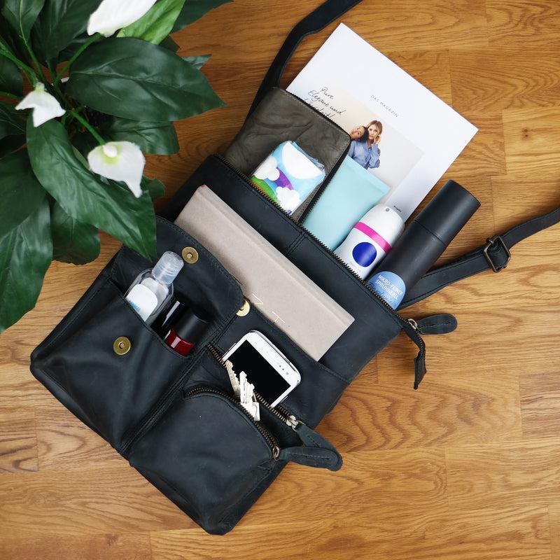 Leconi Umhängetasche Schultertasche Damen Herren Used Look Leder grau LE3011 Fabrikverkauf