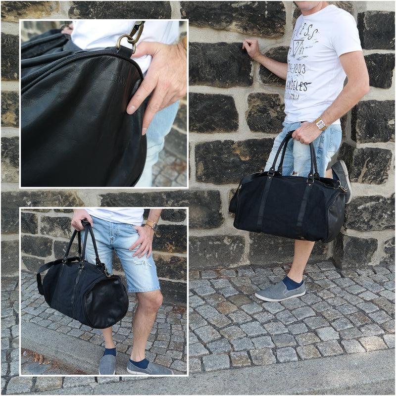 Leconi Weekender Reisetasche Sporttasche vintage Leder Canvas schwarz LE2004 Blitzverkäufe