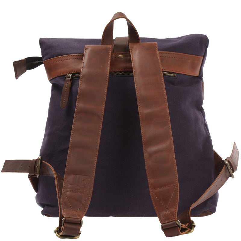 Leconi Roll Top Rucksack Freizeitrucksack Damen Herren Canvas Leder navy LE1035 Limitierter Zeitrabatt