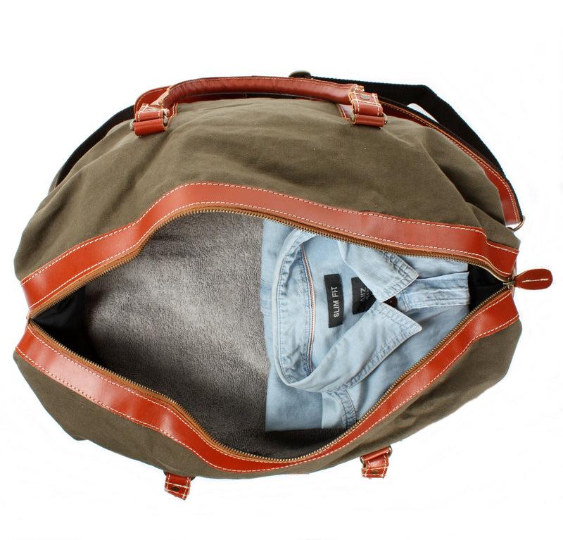 Leconi Reisetasche Weekender Handgepäck Leder Canvas grün LE2010 Fabrik Onlineshop