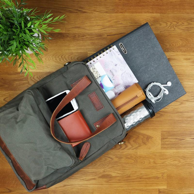 Leconi Rucksack Umhängetasche Damen Herren Leder Canvas grau LE1014 Fabrikpreis