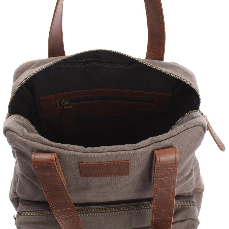 Leconi Rucksack Umhängetasche Damen Herren Leder Canvas grau LE1014 Fabrikpreis