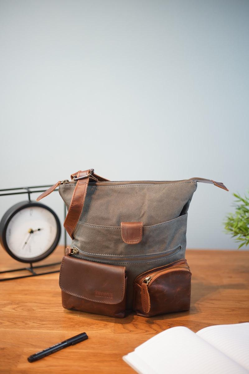 Leconi Umhängetasche Schultertasche Damen Herren Used Look Leder Canvas grau LE3011 Muttertagsangebot