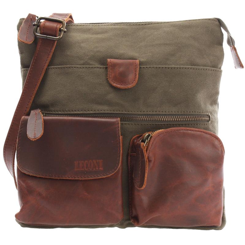 Leconi Umhängetasche Schultertasche Damen Herren Used Look Leder Canvas grün LE3011 Vatertagsangebot