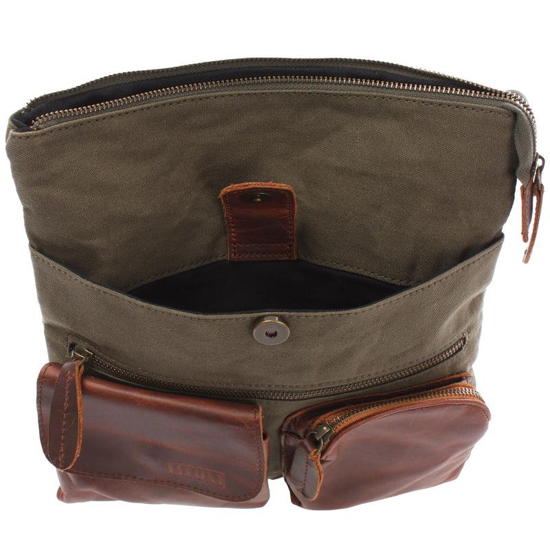 Leconi Umhängetasche Schultertasche Damen Herren Used Look Leder Canvas grün LE3011 Vatertagsangebot