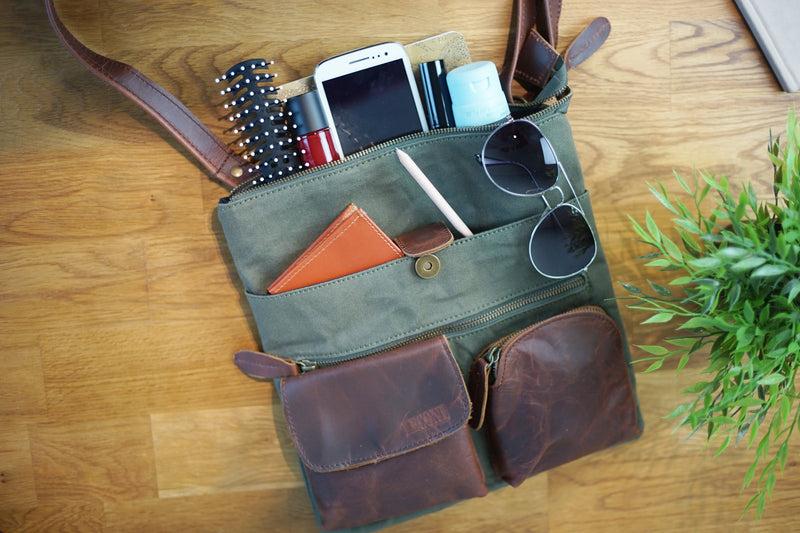 Leconi Umhängetasche Schultertasche Damen Herren Used Look Leder Canvas grün LE3011 Vatertagsangebot
