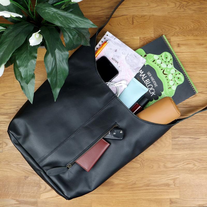 Leconi große Umhängetasche Schultertasche Beuteltasche Damentasche Leder schwarz LE0055 Neueste Mode