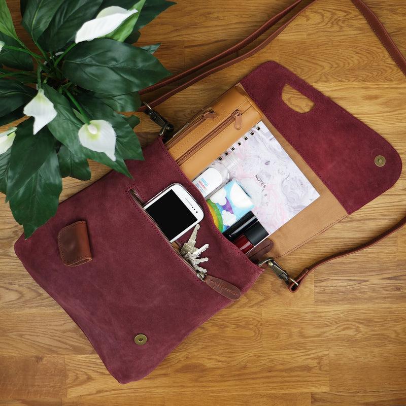 Leconi Umhängetasche Ledertasche Damen Schultertasche Wildleder bordeaux LE3027 Große Rabatte