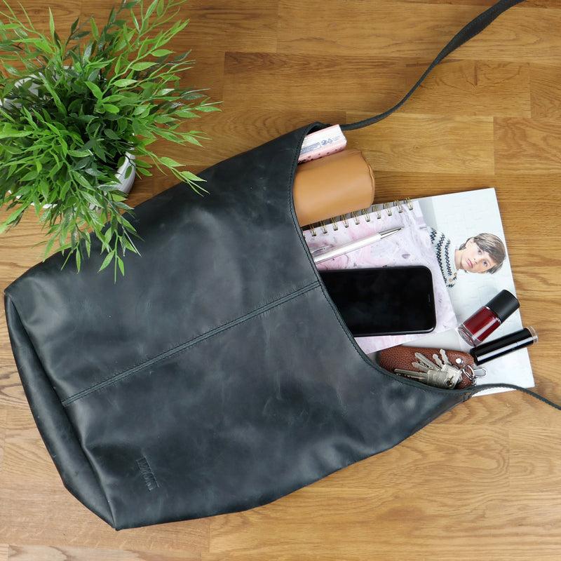 Leconi große Umhängetasche Schultertasche Beuteltasche Damentasche Leder grau LE0055 Saisonale Angebote