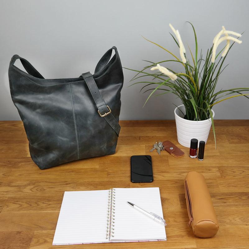 Leconi große Umhängetasche Schultertasche Beuteltasche Damentasche Leder grau LE0055 Saisonale Angebote