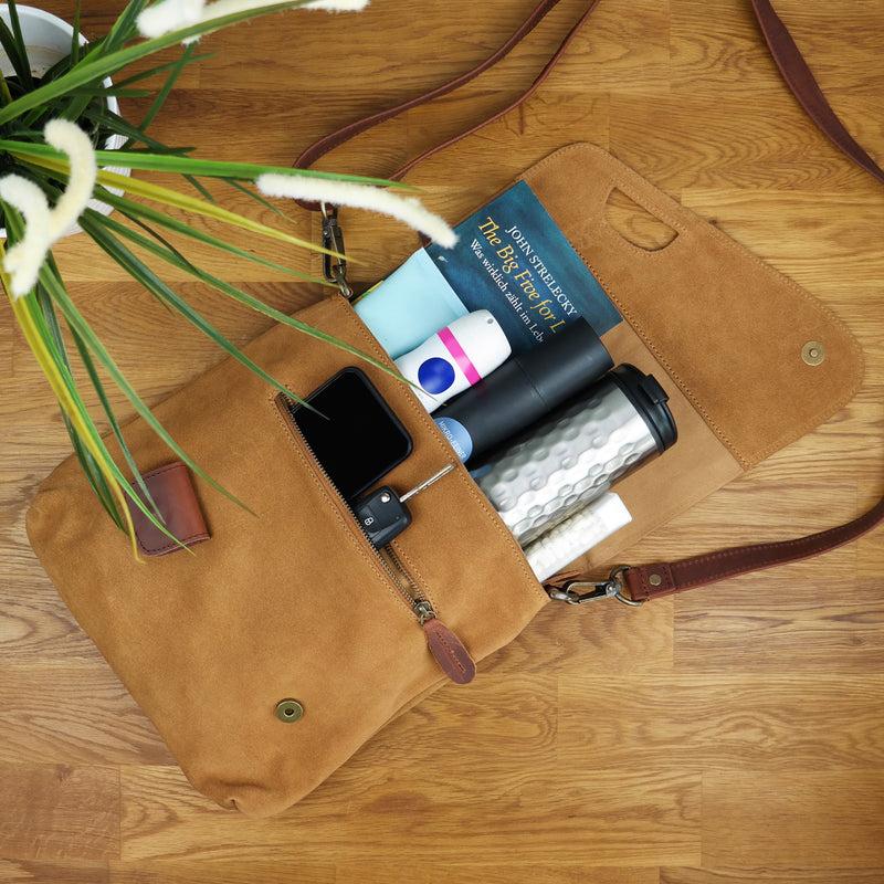 Leconi Umhängetasche Ledertasche Damen Schultertasche Wildleder cognac LE3027 Räumungsverkauf