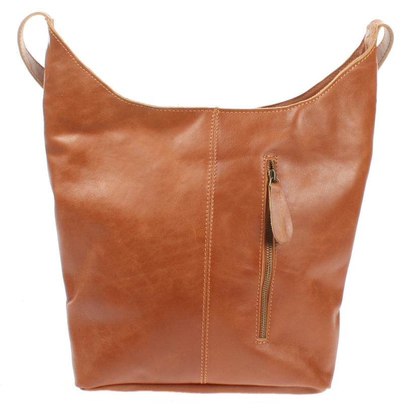 Leconi große Umhängetasche Schultertasche Beuteltasche Damentasche Leder cognac LE0055 Kauf eins, bekomm eins gratis