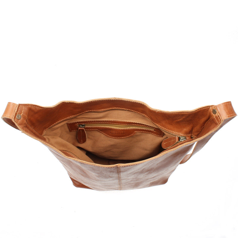 Leconi große Umhängetasche Schultertasche Beuteltasche Damentasche Leder cognac LE0055 Kauf eins, bekomm eins gratis