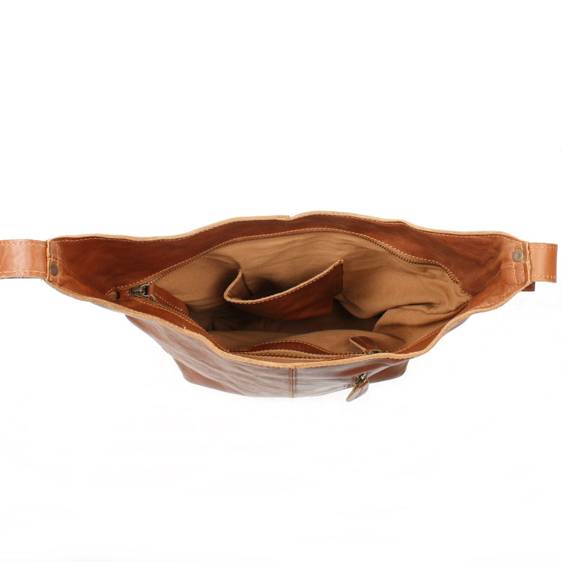 Leconi große Umhängetasche Schultertasche Beuteltasche Damentasche Leder cognac LE0055 Kauf eins, bekomm eins gratis
