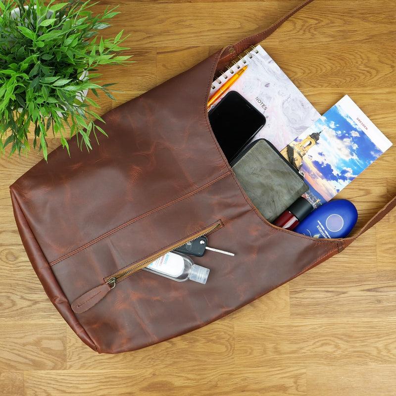Leconi große Umhängetasche Schultertasche Beuteltasche Damentasche Leder braun LE0055 Tiefpreis