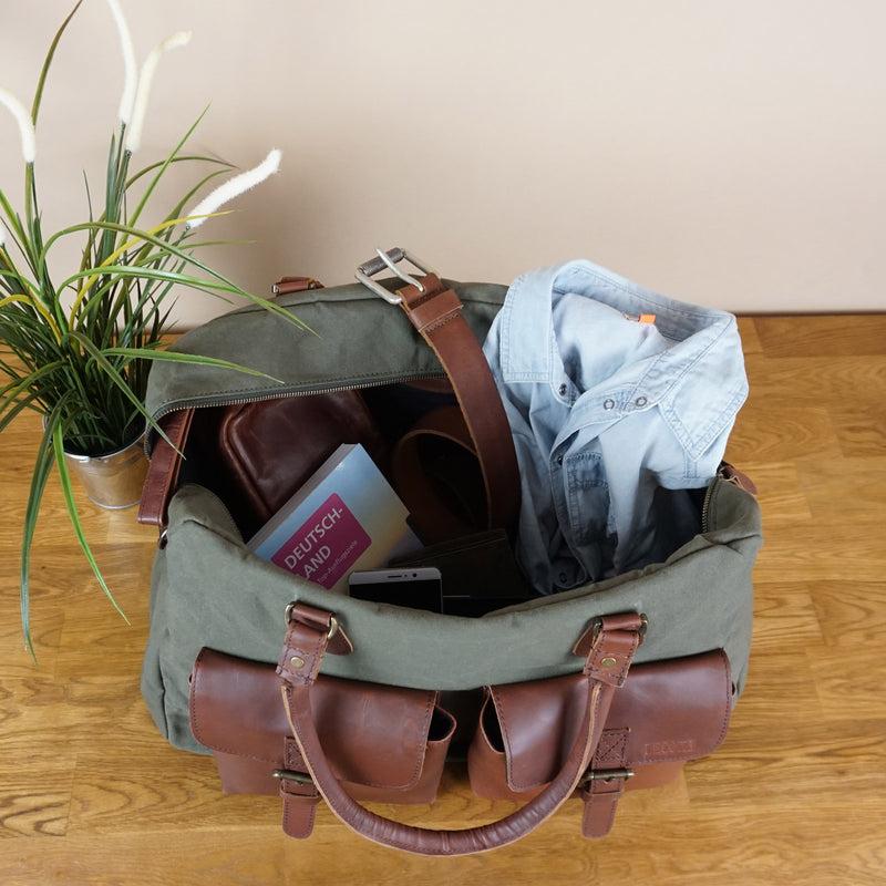 Leconi Weekender Handgepäck Reisetasche Canvas Leder grün LE2012 Kostenloser Versand international