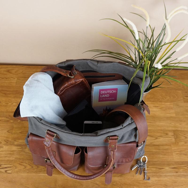 Leconi Reisetasche Weekender Handgepäck Canvas Leder grau LE2012 Fabrikladen