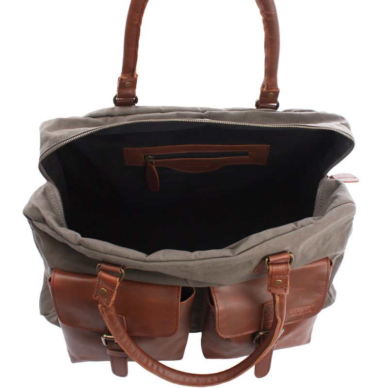 Leconi Reisetasche Weekender Handgepäck Canvas Leder grau LE2012 Fabrikladen