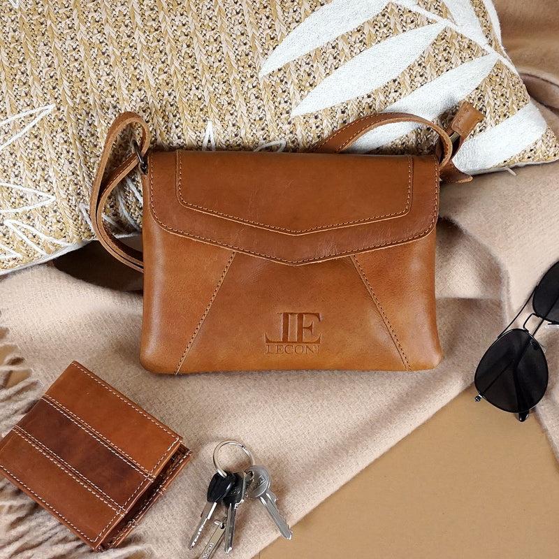Leconi kleine Umhängetasche Ledertasche Damentasche Schultertasche Leder cognac LE3078 Schlussverkauf