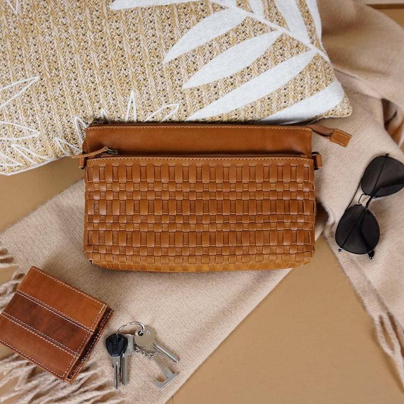 Leconi kleine Umhängetasche Schultertasche Damentasche Clutch Leder cognac LE3081 Günstiger Verkauf