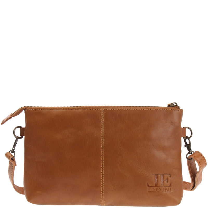 Leconi kleine Umhängetasche Schultertasche Damentasche Clutch Leder cognac LE3081 Günstiger Verkauf