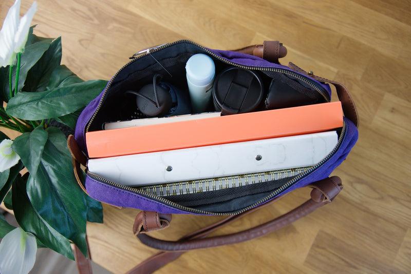 Leconi Schultertasche Henkeltasche Damentasche Handtasche Leder Canvas lila LE0050 Blitzverkäufe