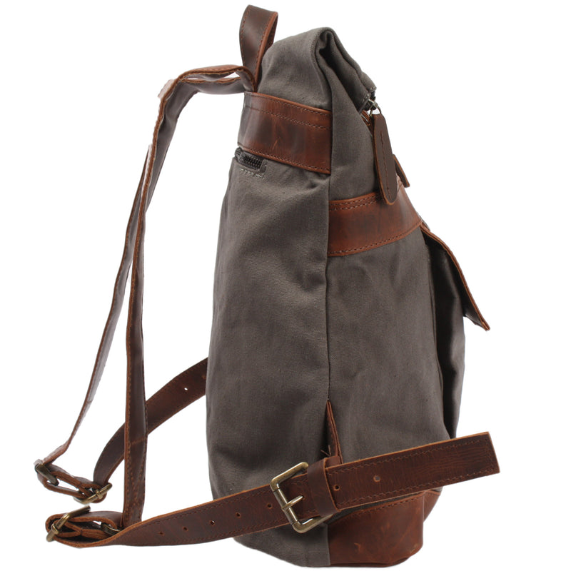 Leconi Roll Top Rucksack Freizeitrucksack Damen Herren Canvas Leder grau LE1035 Osterangebot