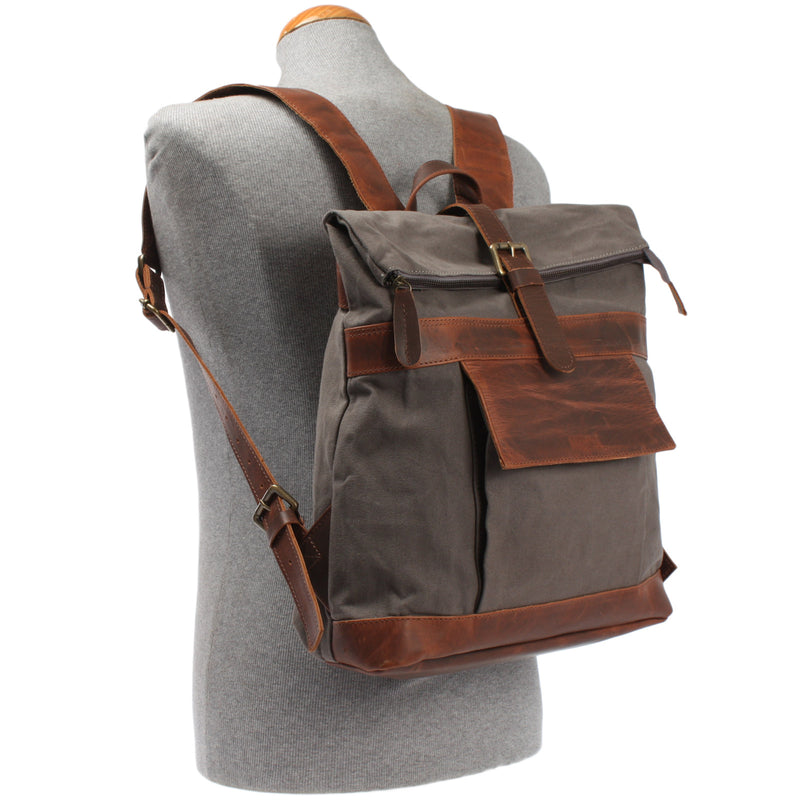 Leconi Roll Top Rucksack Freizeitrucksack Damen Herren Canvas Leder grau LE1035 Osterangebot