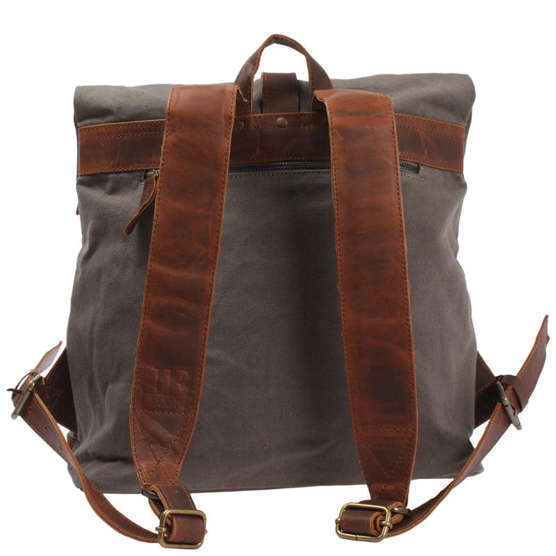 Leconi Roll Top Rucksack Freizeitrucksack Damen Herren Canvas Leder grau LE1035 Osterangebot