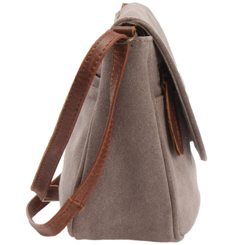 Leconi kleine Umhängetasche Ledertasche Damentasche Schultertasche Veloursleder grau LE3047 Valentinstagsangebot
