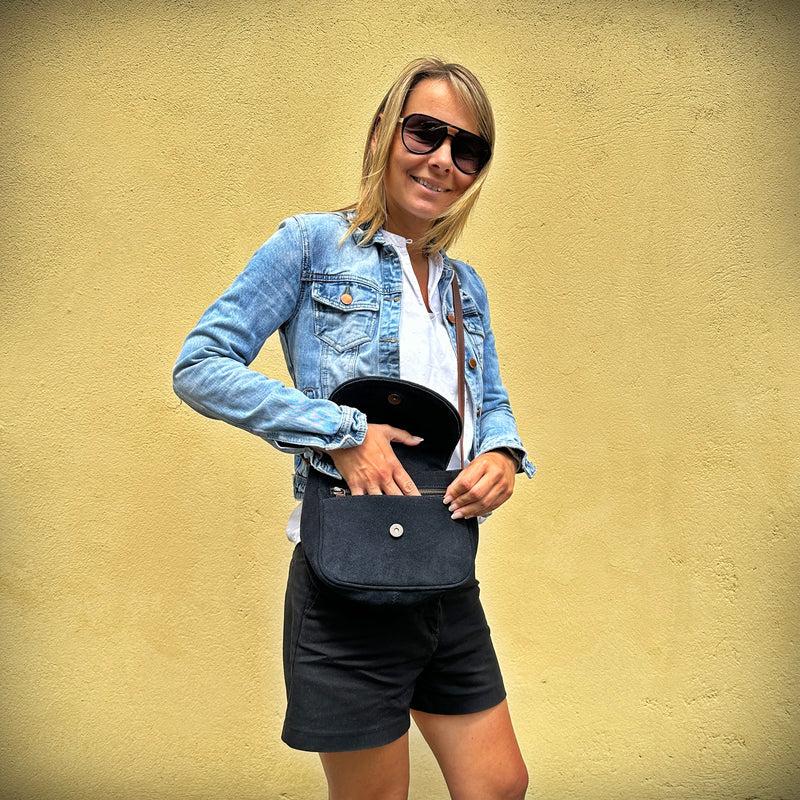 Leconi kleine Umhängetasche Ledertasche Damentasche Schultertasche Veloursleder anthrazit LE3047 Jubiläumsangebot