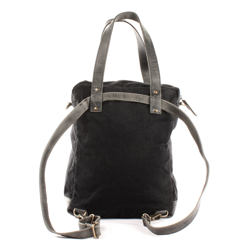 Leconi Rucksack Umhängetasche Damen Herren Leder Canvas schwarz LE1014 Kostenlose Rückgabe