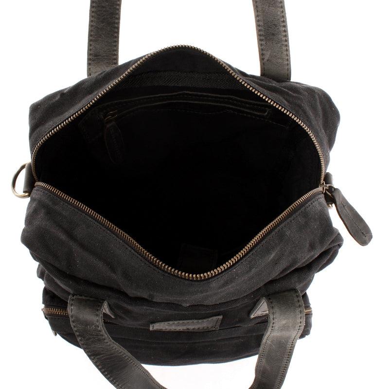 Leconi Rucksack Umhängetasche Damen Herren Leder Canvas schwarz LE1014 Kostenlose Rückgabe