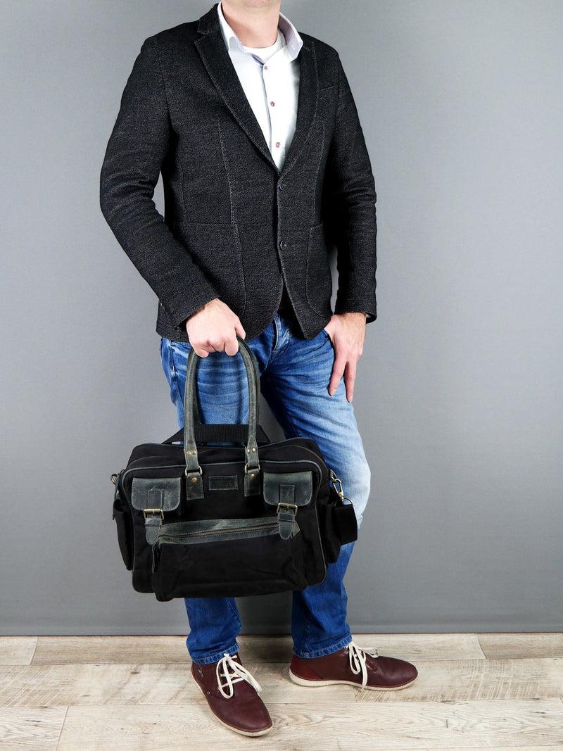 Leconi Aktentasche Arbeitstasche Damen Herren Canvas Leder schwarz LE3038 Letzte 3 Tage