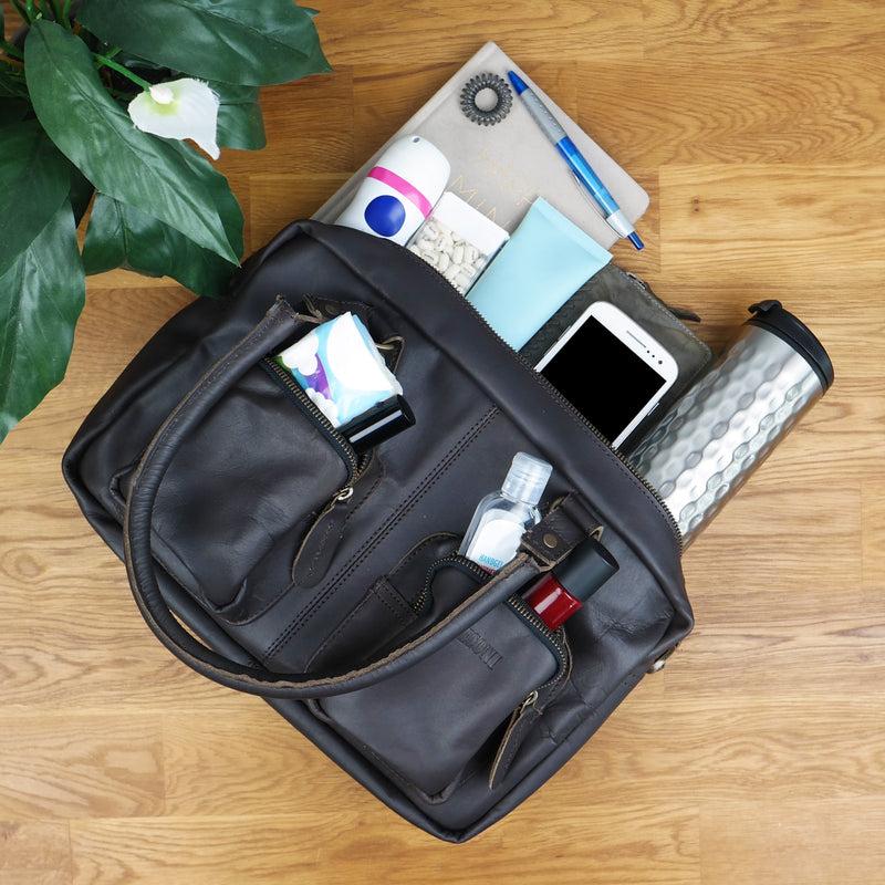 Leconi Schultertasche Handtasche Henkeltasche Damen Leder dunkelbraun LE0046 Bis zu 55% Rabatt
