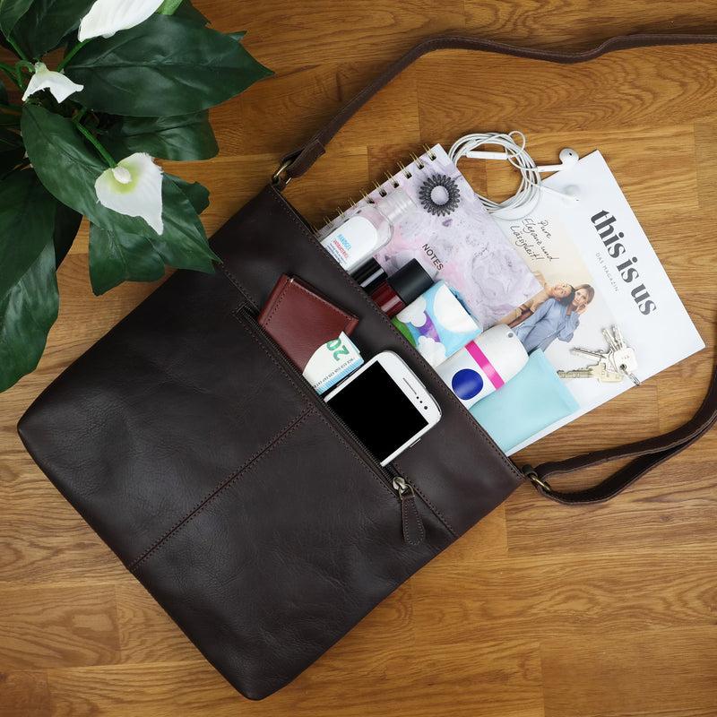 Leconi Umhängetasche Ledertasche Damen Schultertasche Leder dunkelbraun LE0066 Fabrikladen