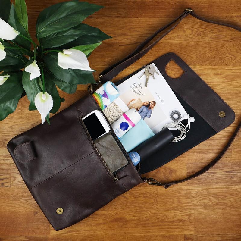 Leconi Umhängetasche Ledertasche Damen Schultertasche Leder dunkelbraun LE3073 Black Friday Preise