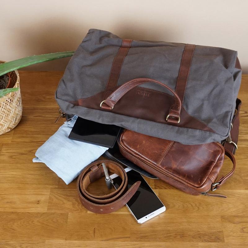 Leconi kleine Reisetasche Handgepäck Canvas Leder grau LE2009 Outlet