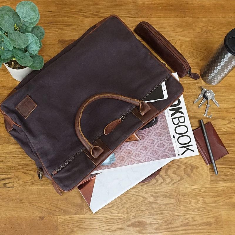 Leconi Aktentasche Arbeitstasche Bürotasche Canvas Leder mokka LE3066 Schlussverkauf