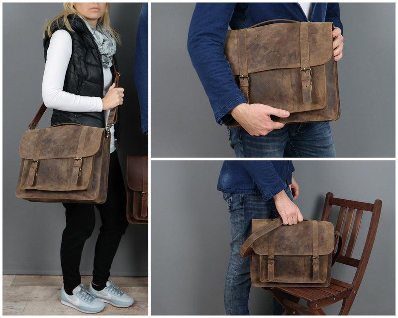 Leconi Messenger Bag Aktentasche Damen Herren Leder vintage braun LE3055 Fabrikverkauf