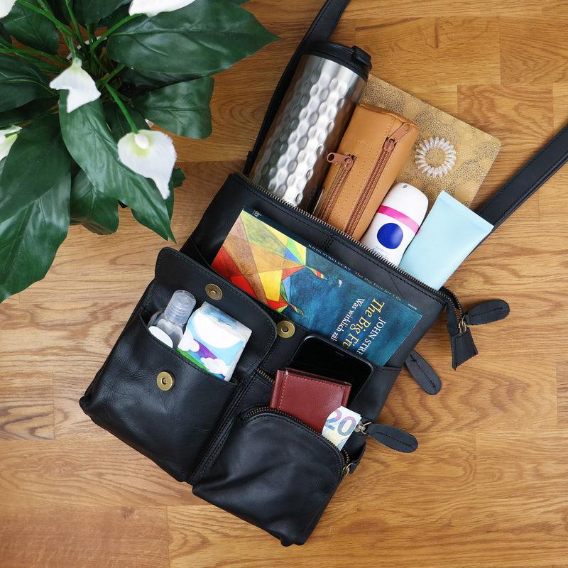 Leconi Umhängetasche Schultertasche Damen Herren Used Look Leder schwarz LE3011 Fabrikpreis